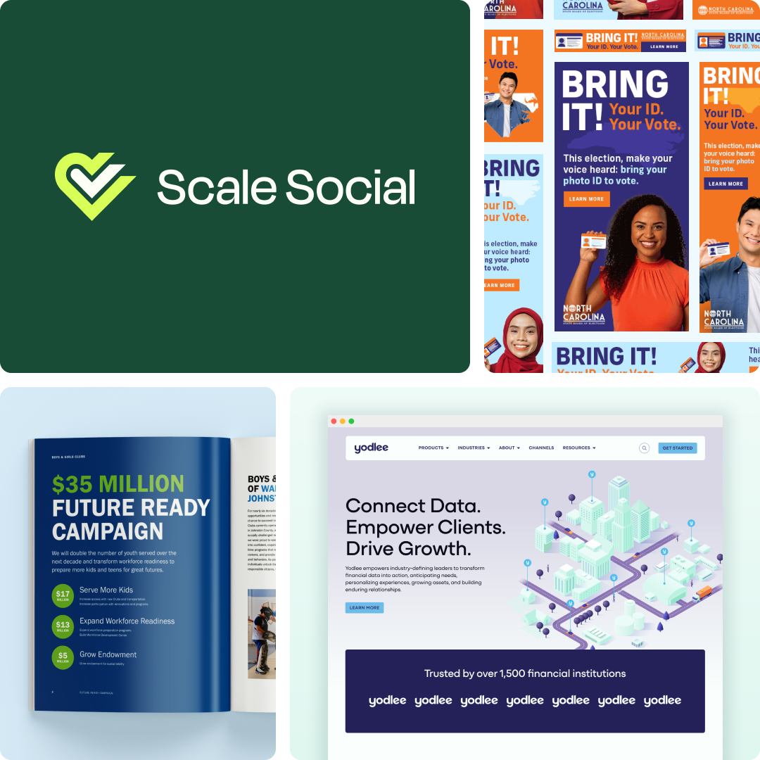 Collage of brand design work: the Scale Social logo and wordmark, colorful "Bring It!" voter campaign ads, a "Future Ready Campaign" magazine spread, and the Yodlee website homepage. Collage of brand design work: the Scale Social logo and wordmark, colorful "Bring It!" voter campaign ads, a "Future Ready Campaign" magazine spread, and the Yodlee website homepage.