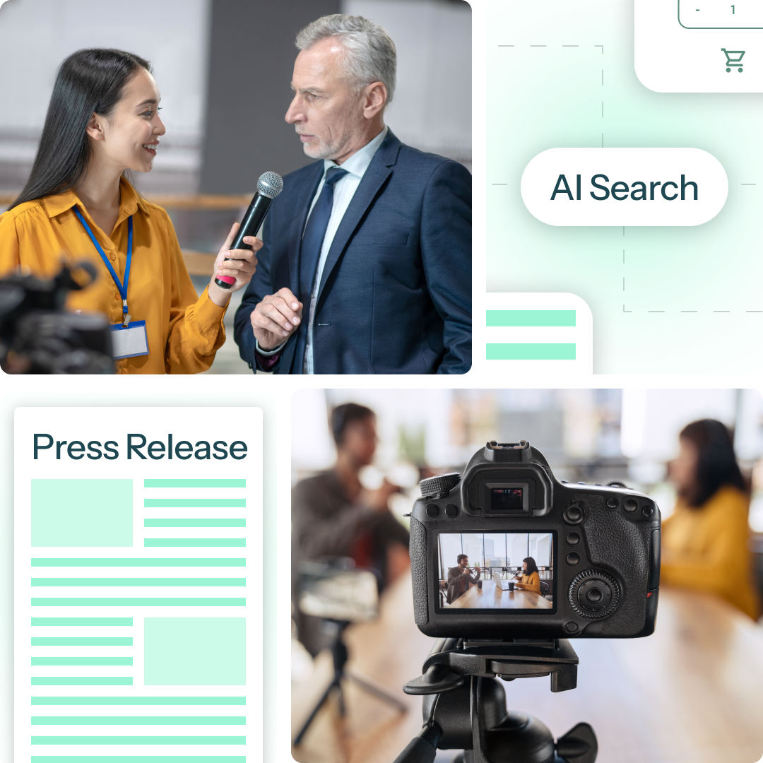 Collage of PR service imagery: a journalist interviewing a business executive with a microphone, a "Press Release" document mockup, an "AI Search" callout bubble, and a camera operator filming an interview in a studio.