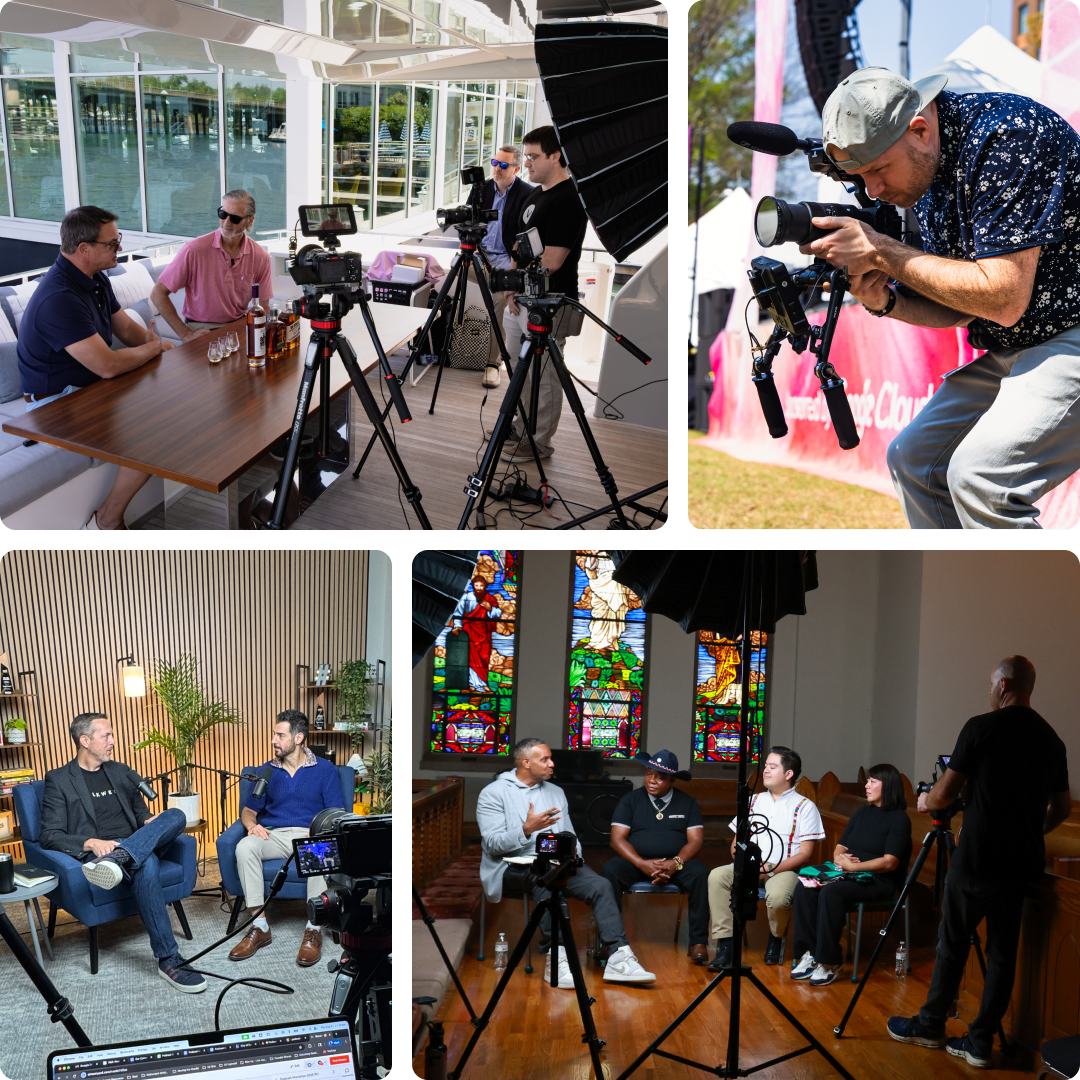Collage of four video production scenes: a podcast interview on a yacht, a videographer filming outdoors, two people recording a podcast in a studio, and a panel discussion in front of stained glass windows.
