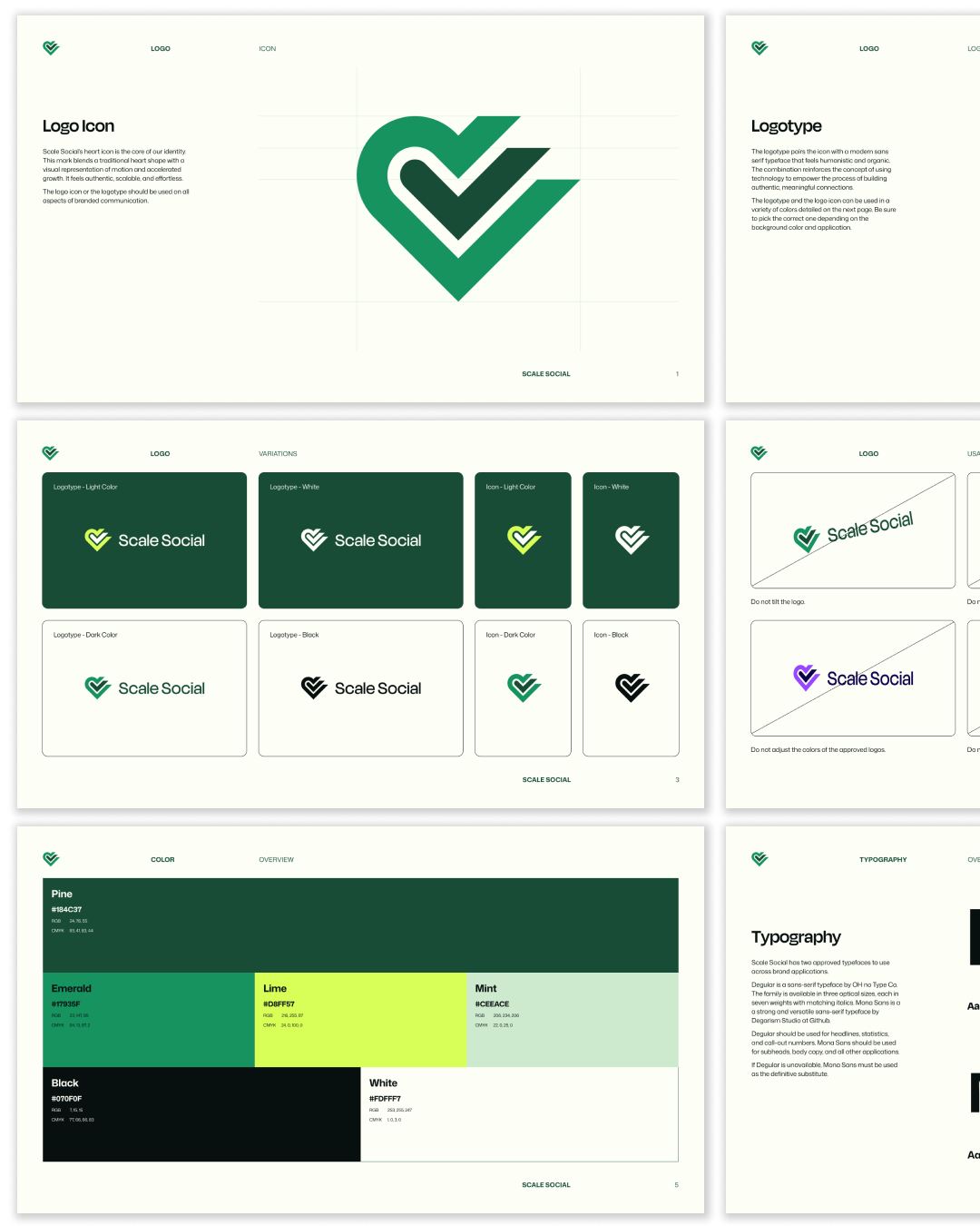 Brand guideline pages for Scale Social showing the logo icon, logotype variations, usage rules, color palette, and typography. Brand guideline pages for Scale Social showing the logo icon, logotype variations, usage rules, color palette, and typography.