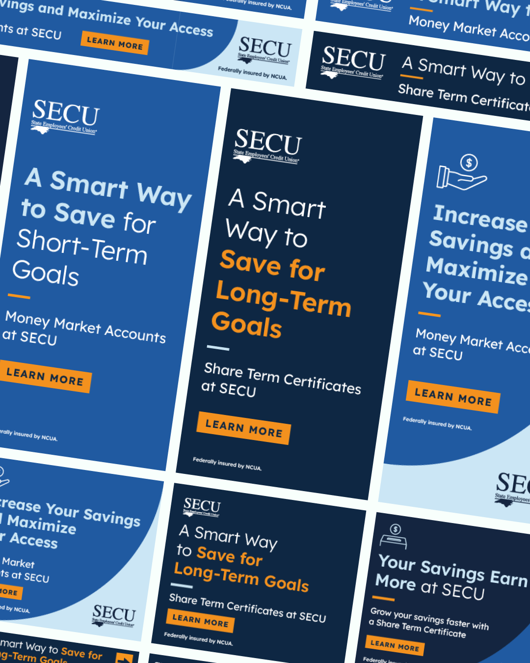 Grid of State Employees' Credit Union (SECU) digital ad banners promoting money market accounts and share term certificates with "Learn More" buttons. Grid of State Employees' Credit Union (SECU) digital ad banners promoting money market accounts and share term certificates with "Learn More" buttons.