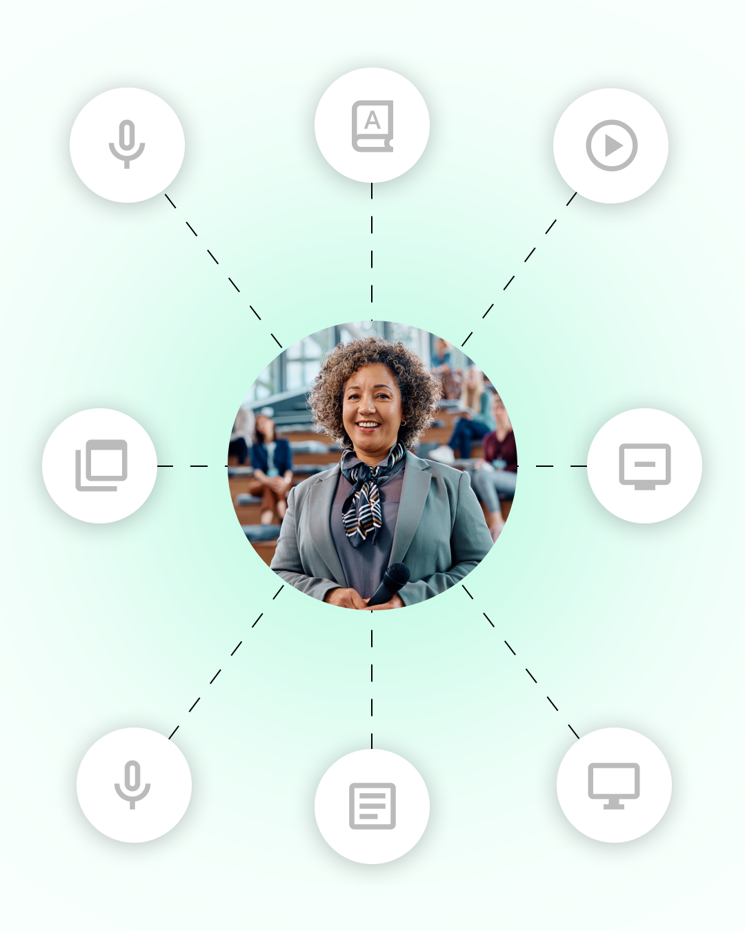  Illustration of a smiling businesswoman surrounded by icons for podcasts, books, video, articles, and screens, symbolizing an authority-first PR strategy across multiple media channels.