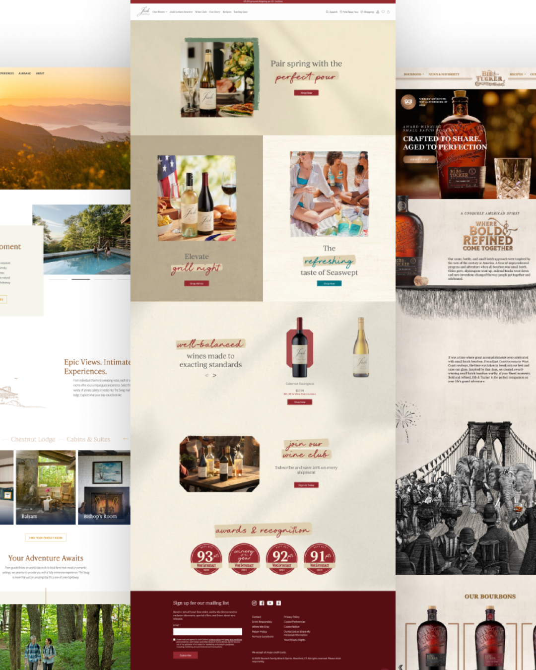 Collage of custom website designs, including a mountain lodge retreat site, a Bib & Tucker bourbon product page, and a Jack wines homepage. Collage of custom website designs, including a mountain lodge retreat site, a Bib & Tucker bourbon product page, and a Jack wines homepage.