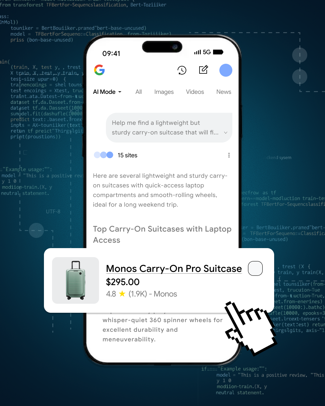 Mobile phone mockup of Google's AI Mode search results recommending a carry-on suitcase, illustrating AI-powered shopping search. Mobile phone mockup of Google's AI Mode search results recommending a carry-on suitcase, illustrating AI-powered shopping search.