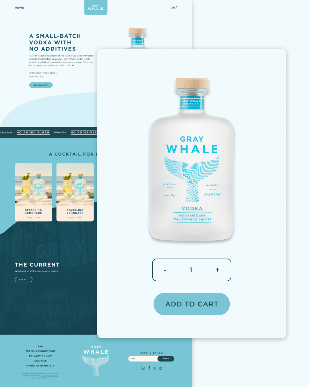 Gray Whale Vodka e-commerce website mockup showing the product page with an "Add to Cart" button and quantity selector. Gray Whale Vodka e-commerce website mockup showing the product page with an "Add to Cart" button and quantity selector.