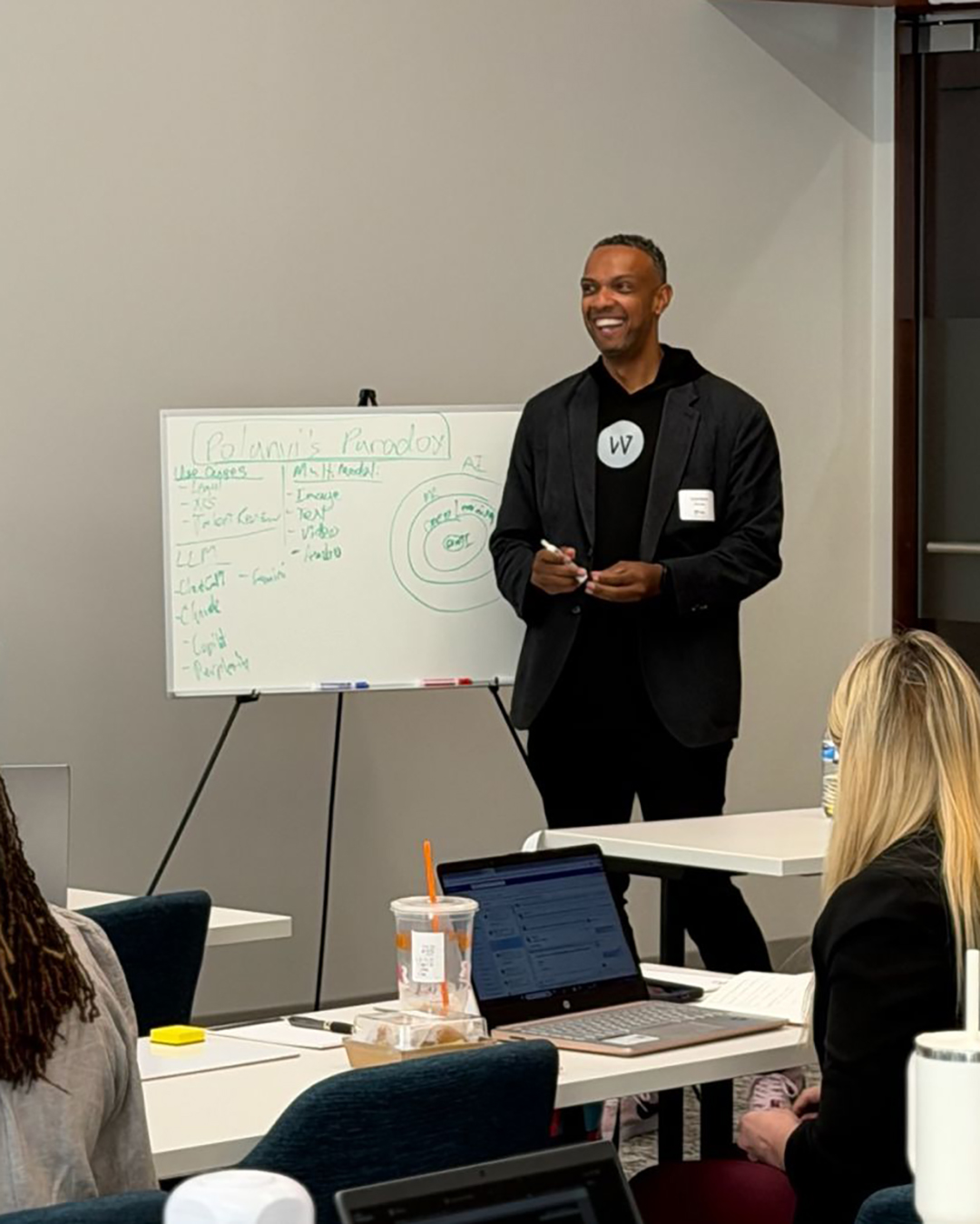 A man in a black blazer smiles while presenting at a whiteboard labeled "Polanyi's Paradox" during a small-group AI workshop session. A man in a black blazer smiles while presenting at a whiteboard labeled "Polanyi's Paradox" during a small-group AI workshop session.